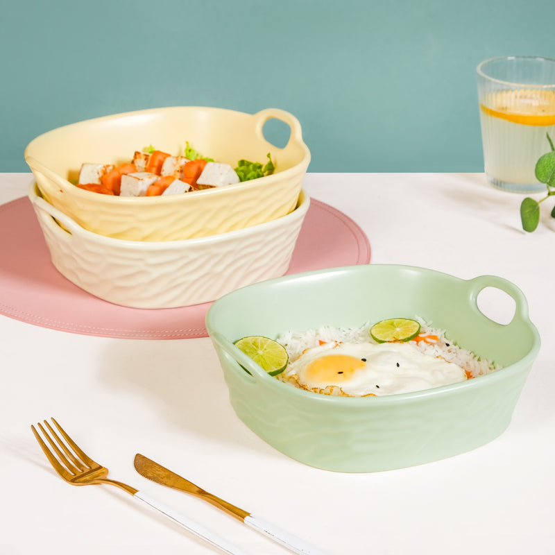Pastel Baking Serving Bowl With Handle Yellow 800 ml - Serving bowl, yellow bowl, ceramic bowl, microwave safe bowl, bowl with handle