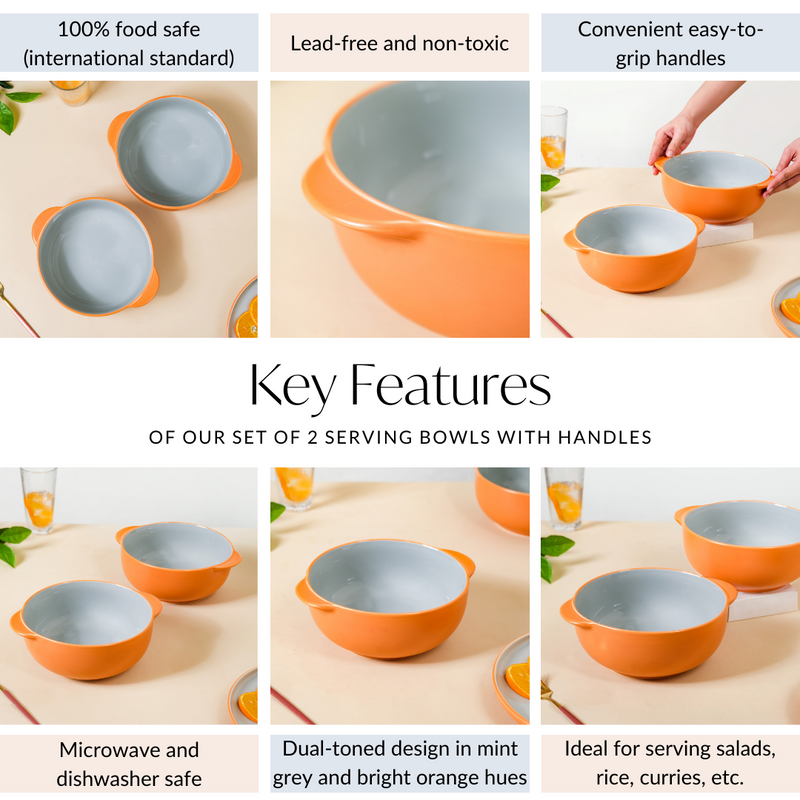 Zoella Ceramic Serving Bowls Set Of 2 Orange 1900ml - Serving bowls, ceramic bowls, large bowls, round bowls, bowl with handle, microwave safe bowls