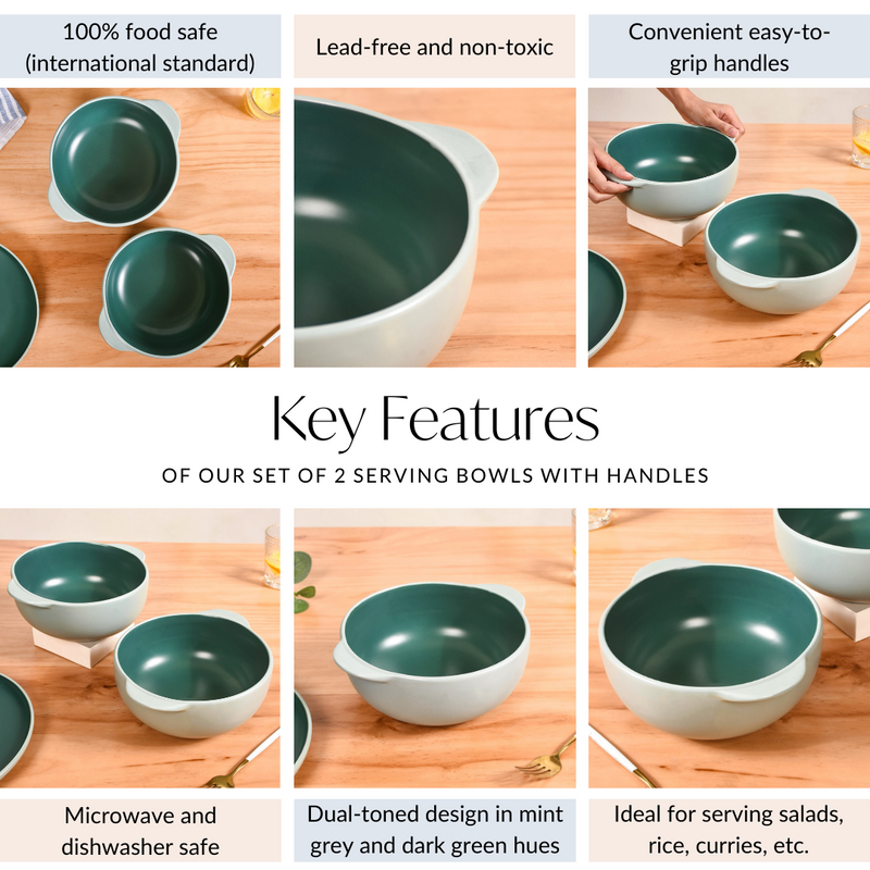 Set Of 2 Zoella Green Serving Bowls With Handles 1900ml - Serving bowls, ceramic bowls, large bowls, bowl with handles