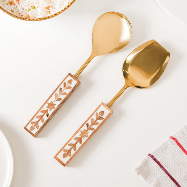 Set Of 2 Inlay Wooden Serving Spoons Gold
