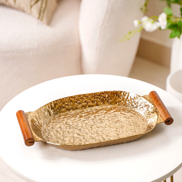 Oval Metal Tray With Wooden Handle Gold 13x8 Inch