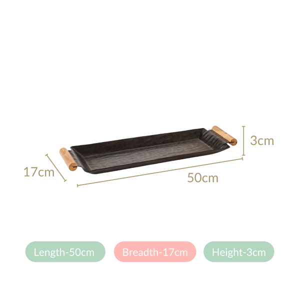Matte Black Rectangle Metal Tray With Wooden Handle 19x6 Inch