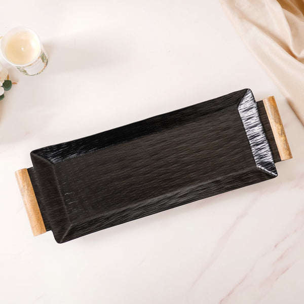 Matte Black Rectangle Metal Tray With Wooden Handle 19x6 Inch