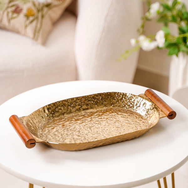 Oval Metal Tray With Wooden Handle Gold 13x8 Inch