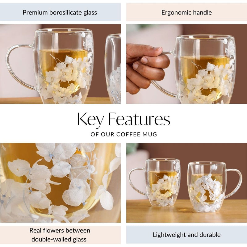 Set Of 2 Double Walled Flower Coffee Mug Blue 350ml