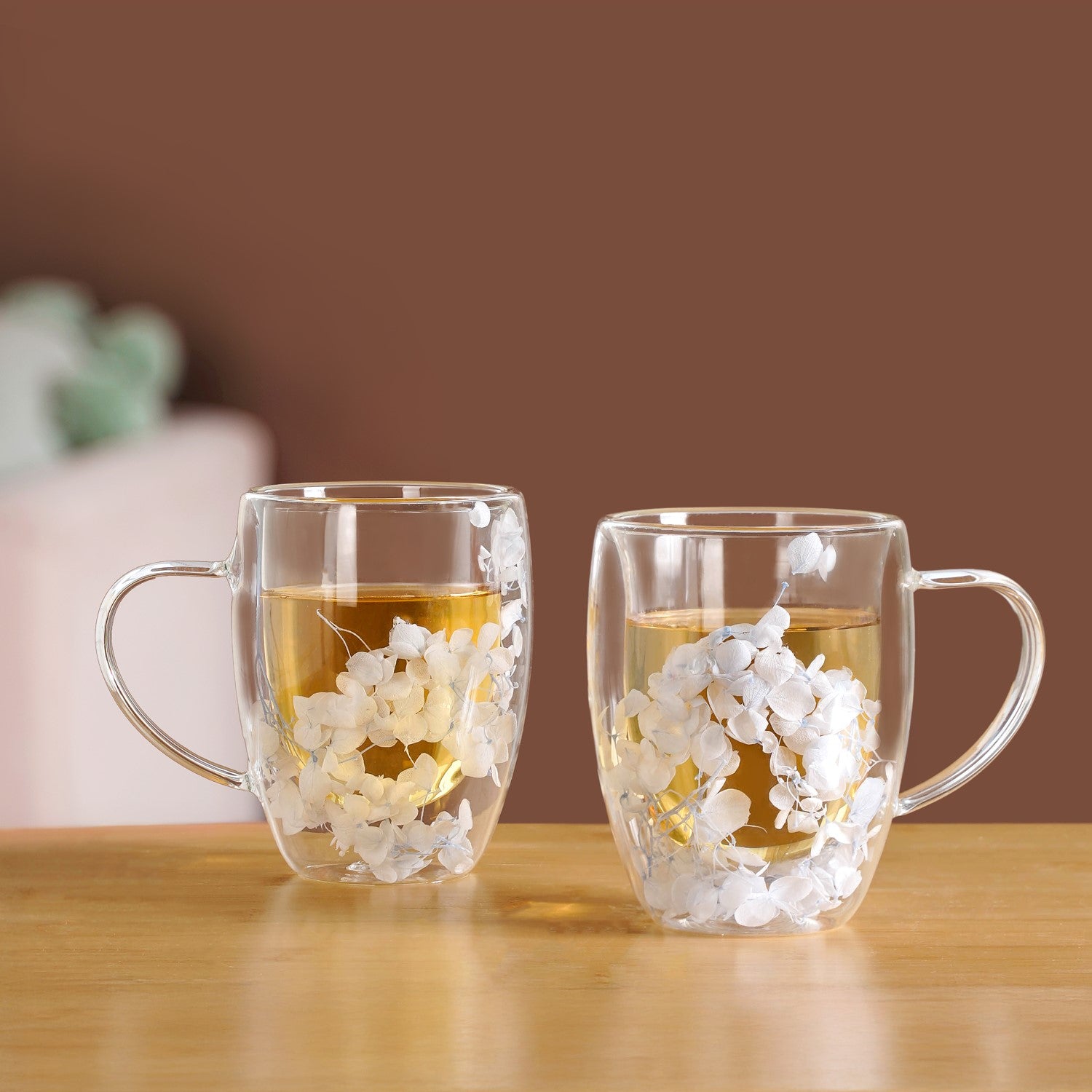 Set Of 2 Double Walled Flower Coffee Mug Blue 350ml