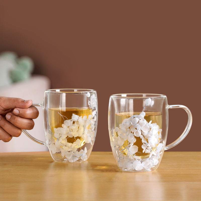 Set Of 2 Double Walled Flower Coffee Mug Blue 350ml