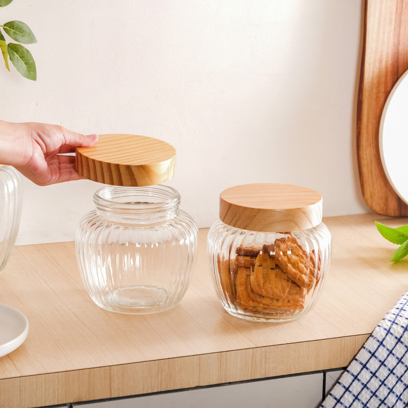 Set of 2 Ribbed Glass Jar With Lid 1600ml