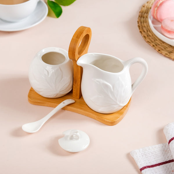 Set Of 2 Sugar And Milk Pots With Wooden Stand