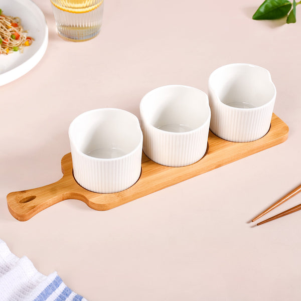 Set Of 3 Small Ceramic Bowls With Wooden Tray 180ml