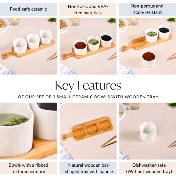 Set Of 3 Small Ceramic Bowls With Wooden Tray 180ml Online - Premium ...