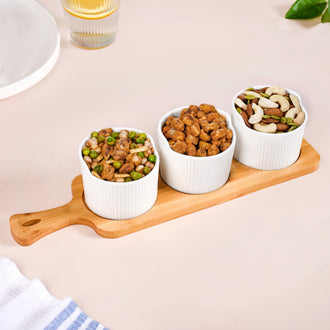 Set Of 3 Small Ceramic Bowls With Wooden Tray 180ml - Ceramic platter, white platter, bowl with tray