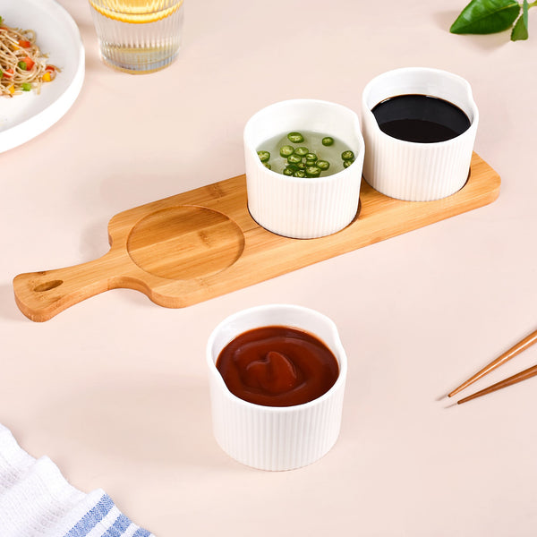 Set Of 3 Small Ceramic Bowls With Wooden Tray 180ml