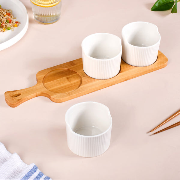 Set Of 3 Small Ceramic Bowls With Wooden Tray 180ml