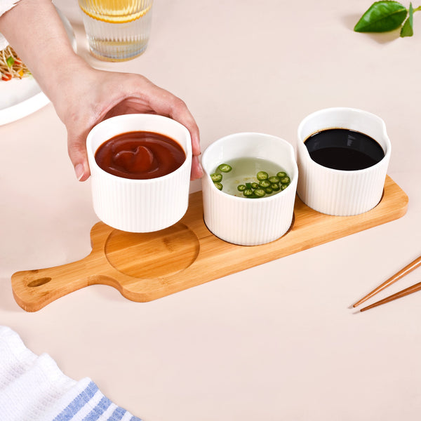 Set Of 3 Small Ceramic Bowls With Wooden Tray 180ml