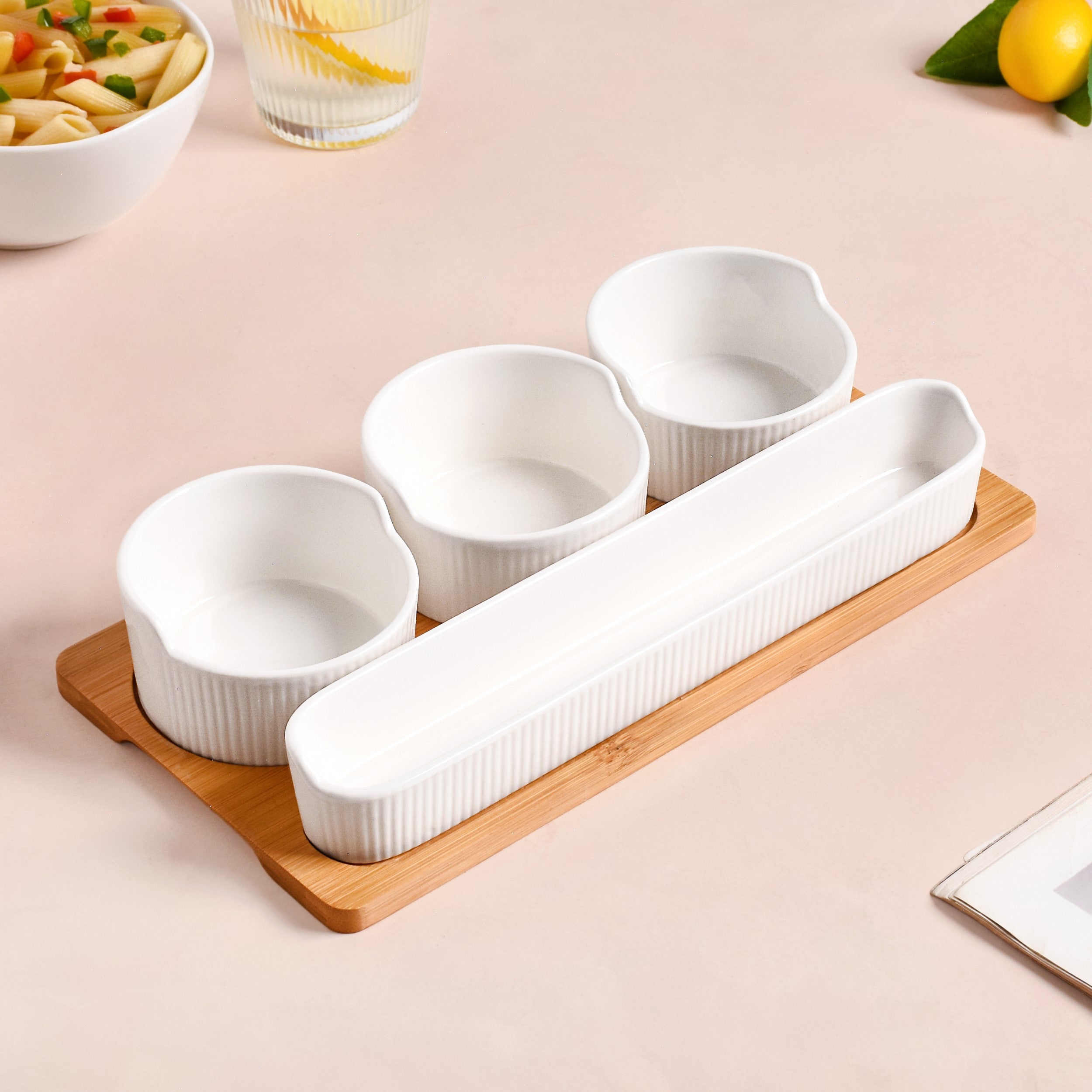 Set Of 4 Ceramic Bowls And Breadstick Dish With Tray Online