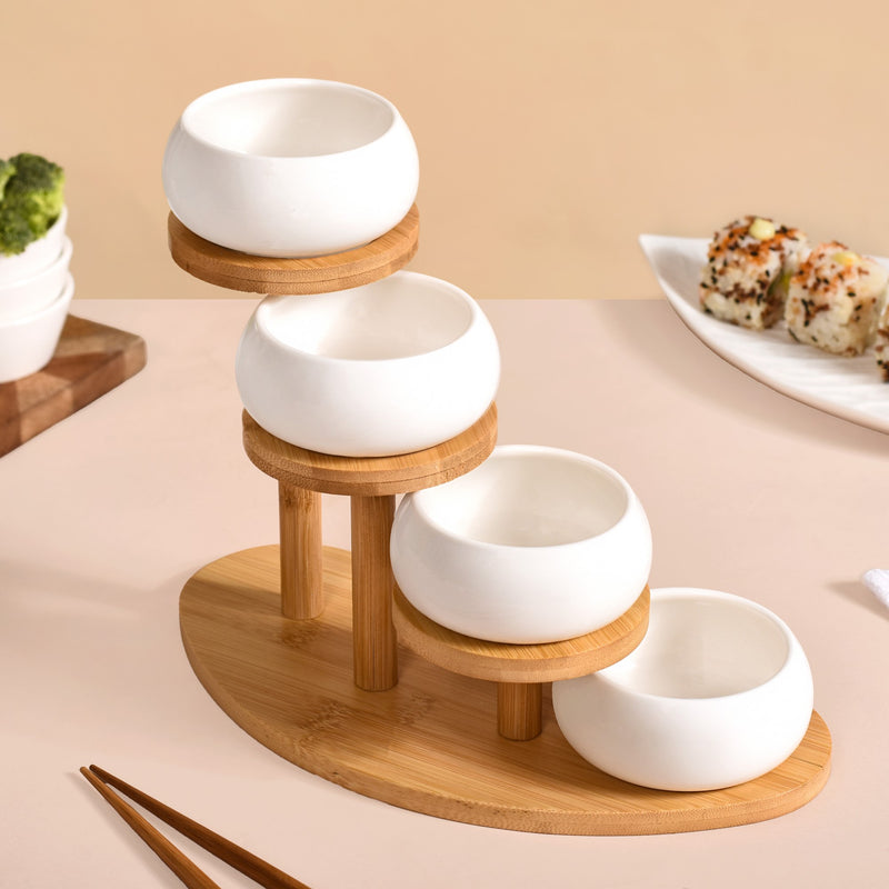 Set Of 4 Ceramic Bowls With Staircase Wooden Stand - Ceramic bowls, ceramic bowl set, white bowls, round bowls, bowls with stand