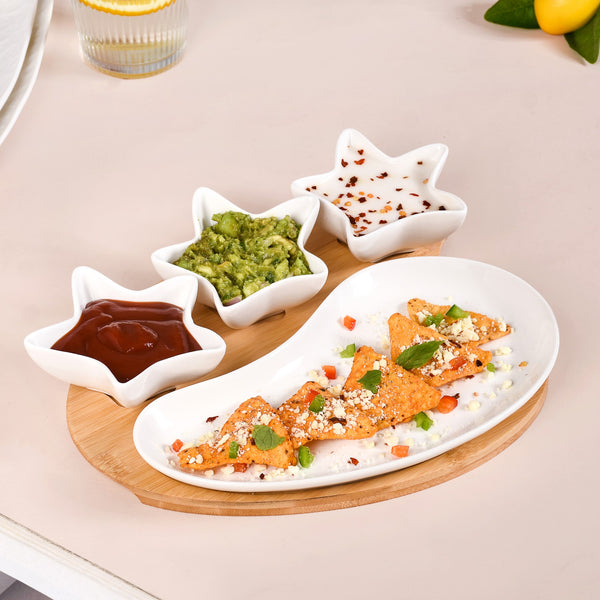 Set Of 4 Stars And Comet Ceramic Serveware With Tray