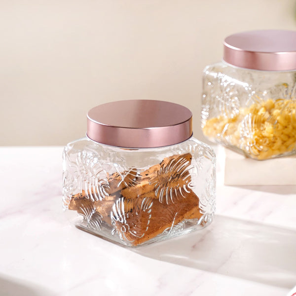 Set Of 4 Monstera Leaf Glass Jar With Rose Gold Lid 1500ml