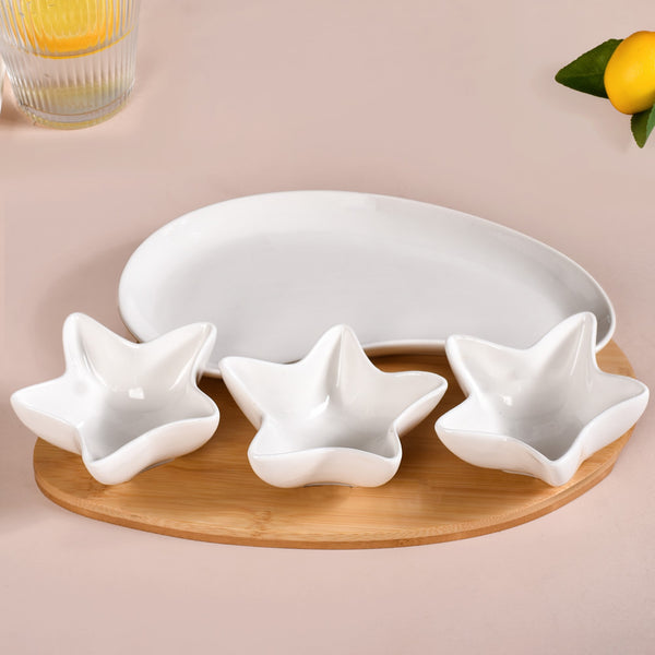 Set Of 4 Stars And Comet Ceramic Serveware With Tray