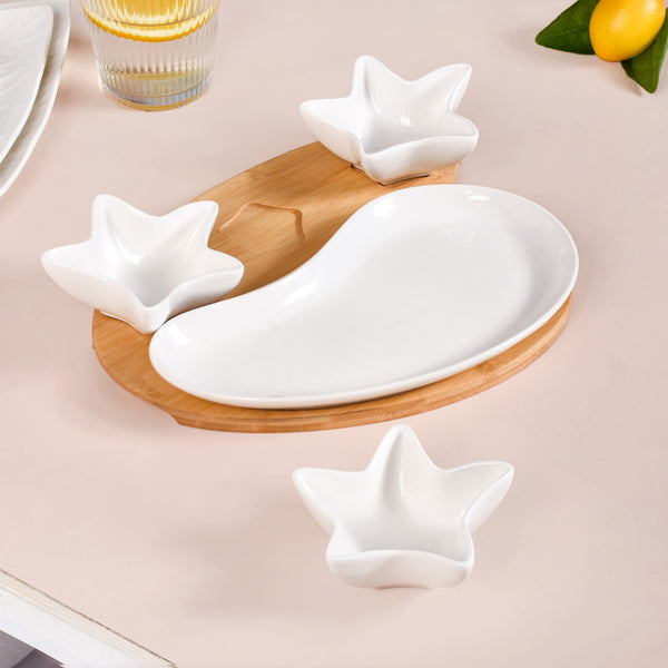 Set Of 4 Stars And Comet Ceramic Serveware With Tray