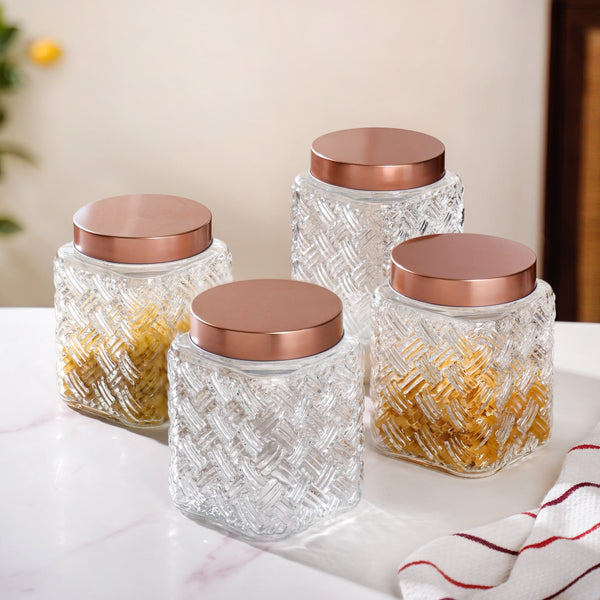 Set Of 4 Basket Weave Textured Glass Jars 1600ml