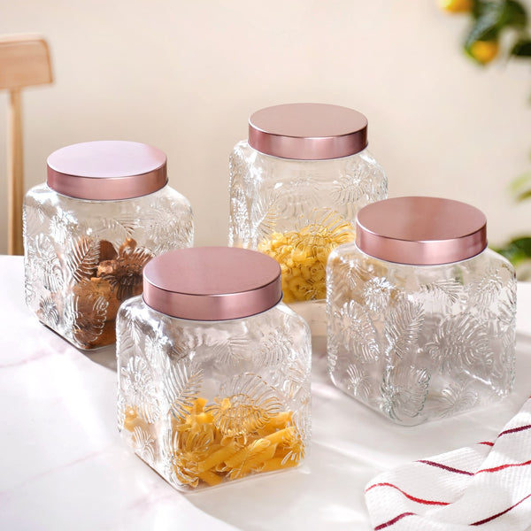 Set Of 4 Tropical Leaf Textured Airtight Jars With Lid 2 L