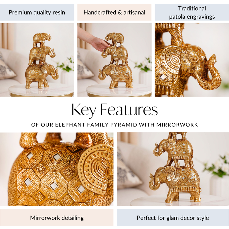 Elephant Family Pyramid With Mirrorwork Gold