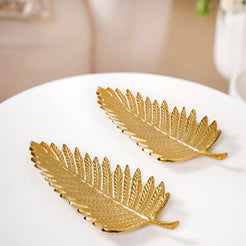 Golden Fern Leaf Metal Tray With Handle Set Of 2 - Gold decorative tray, leaf metal tray, golden serving tray, metallic tray