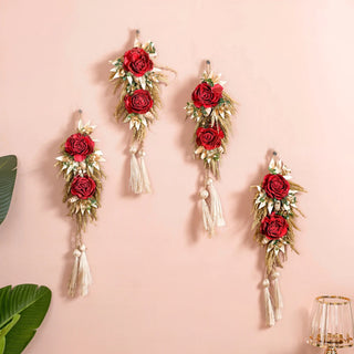 Natural Red Flower Wall Hanging With Tassels Set Of 4