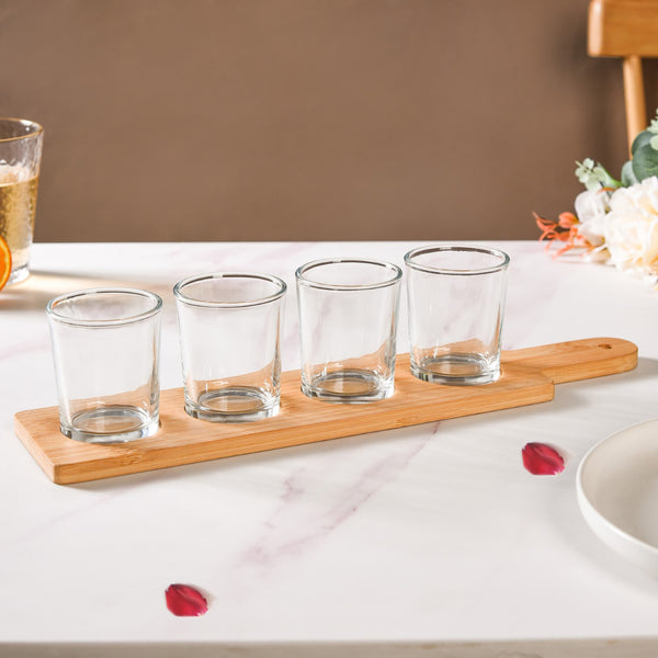 Set Of 4 Shot Glasses With Wooden Tray 100ml