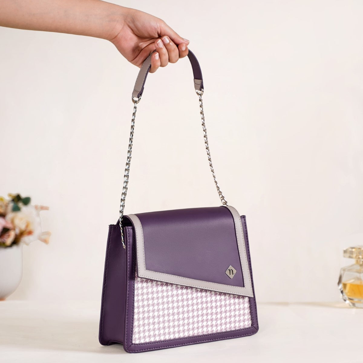 Houndstooth Diagonal Flap Handbag Purple Online Premium Shoulder Bag houndstooth-diagonal-flap-handbag-purple-online-premium-shoulder-bag