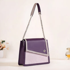 Houndstooth Diagonal Flap Handbag Purple