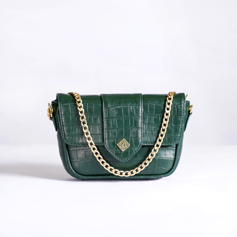 Green Croco Textured Shoulder Bag