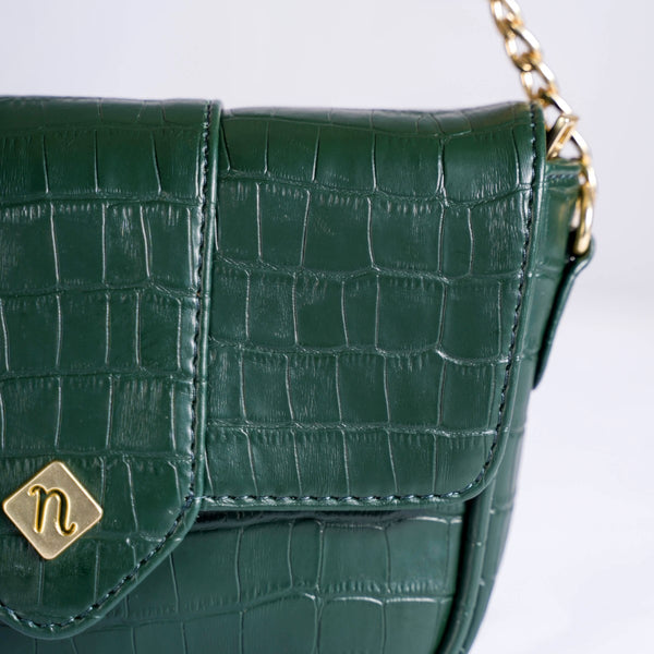 Green Croco Textured Shoulder Bag