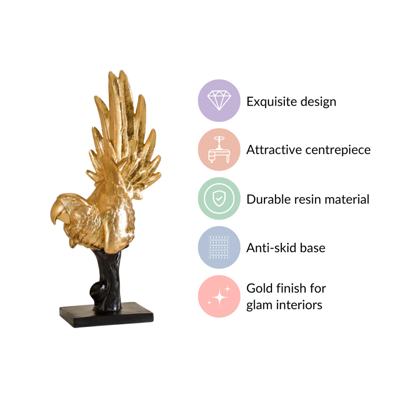 Elegant Macaw Showpiece Gold- Parrot Showpiece, Gold Parrot Figurine, Decorative Gold Parrot, Parrot Decor, Parrot Sculpture