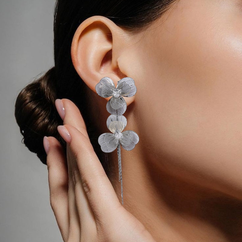 Silver Clover Leaf Tassel Dangler Earrings