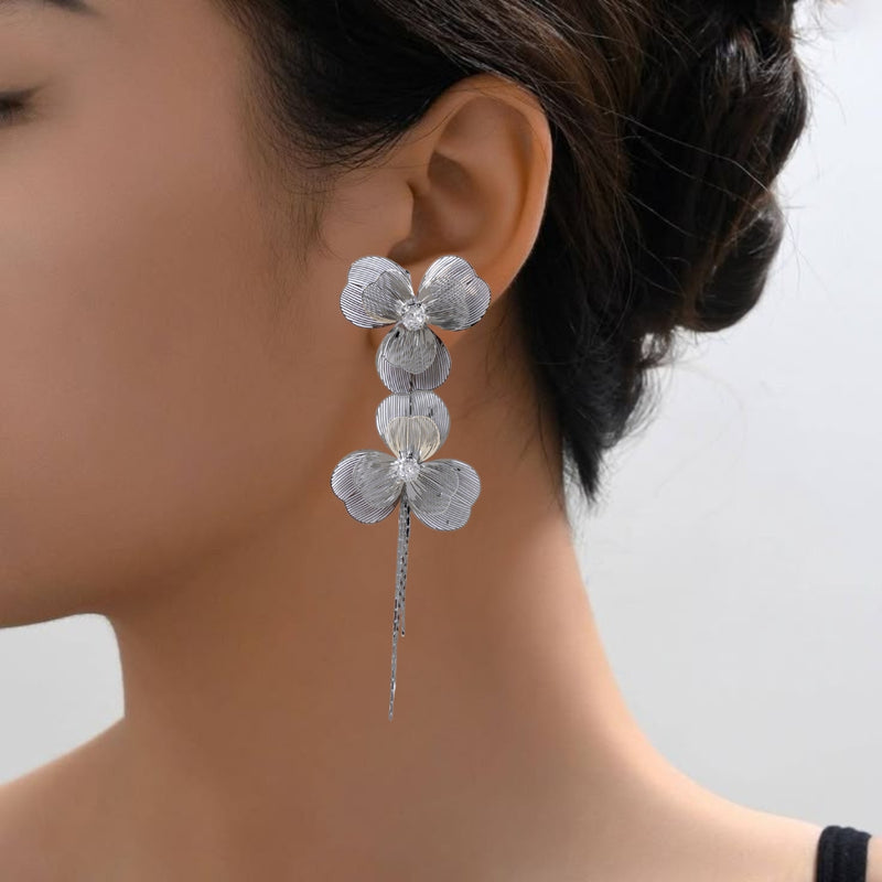 Silver Clover Leaf Tassel Dangler Earrings