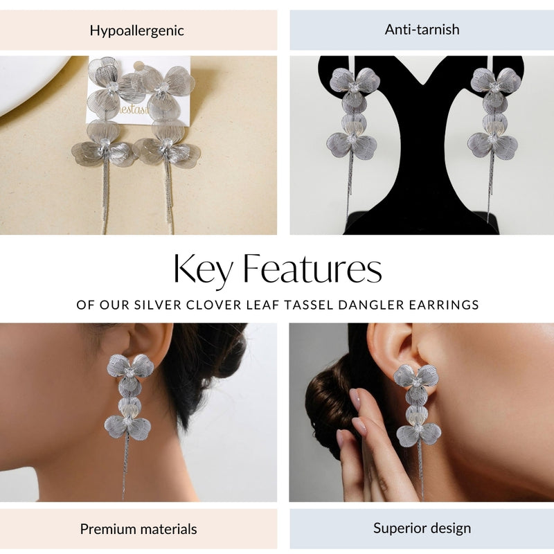 Silver Clover Leaf Tassel Dangler Earrings