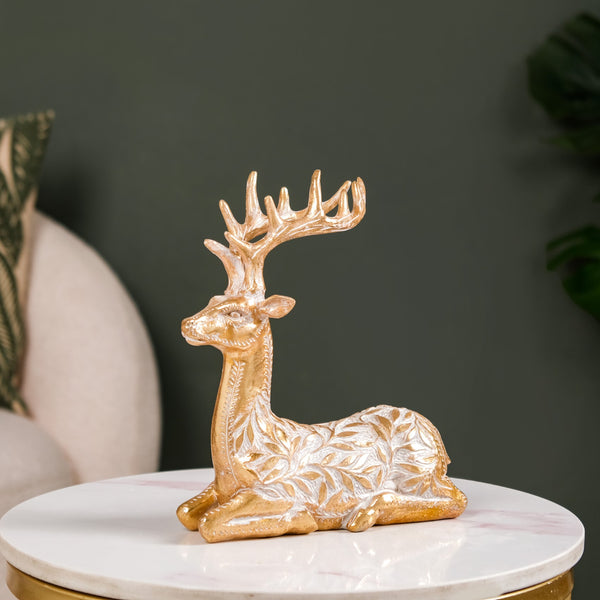 Sitting Deer Carved Showpiece Gold