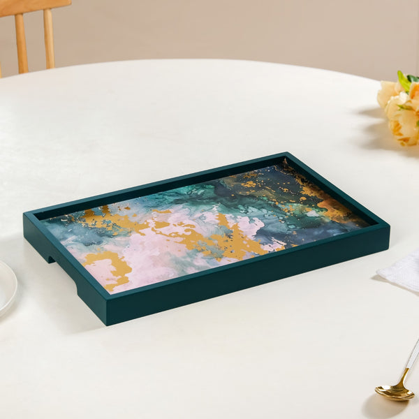 Impressionism Sky Art Tray Set Of 2 Teal Matte Gold