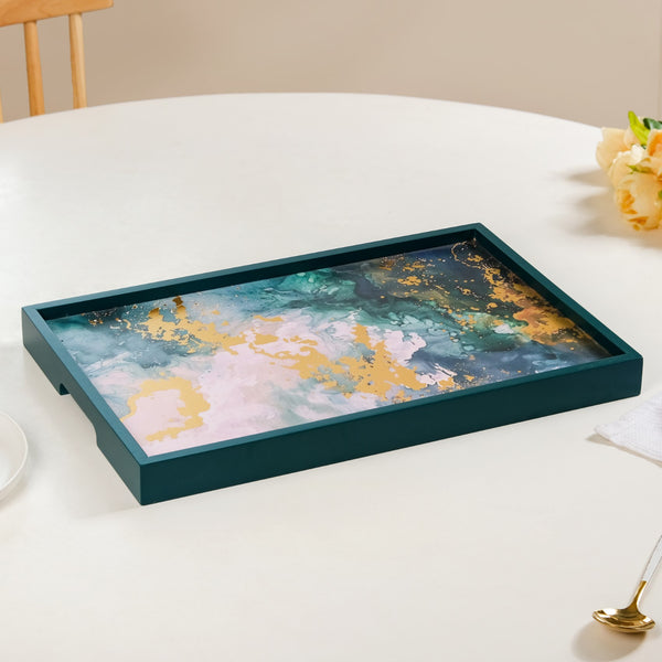 Impressionism Sky Art Tray Set Of 2 Teal Matte Gold