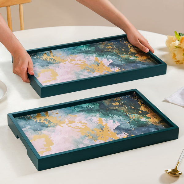 Impressionism Sky Art Tray Set Of 2 Teal Matte Gold