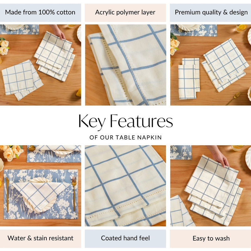 Slate Blue Grid Pure Cotton Table Napkin Set Of 4