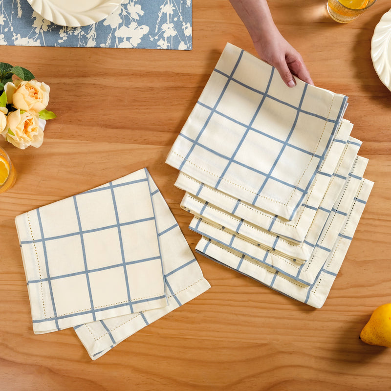 Slate Blue Grid Pure Cotton Table Napkin Set Of 6