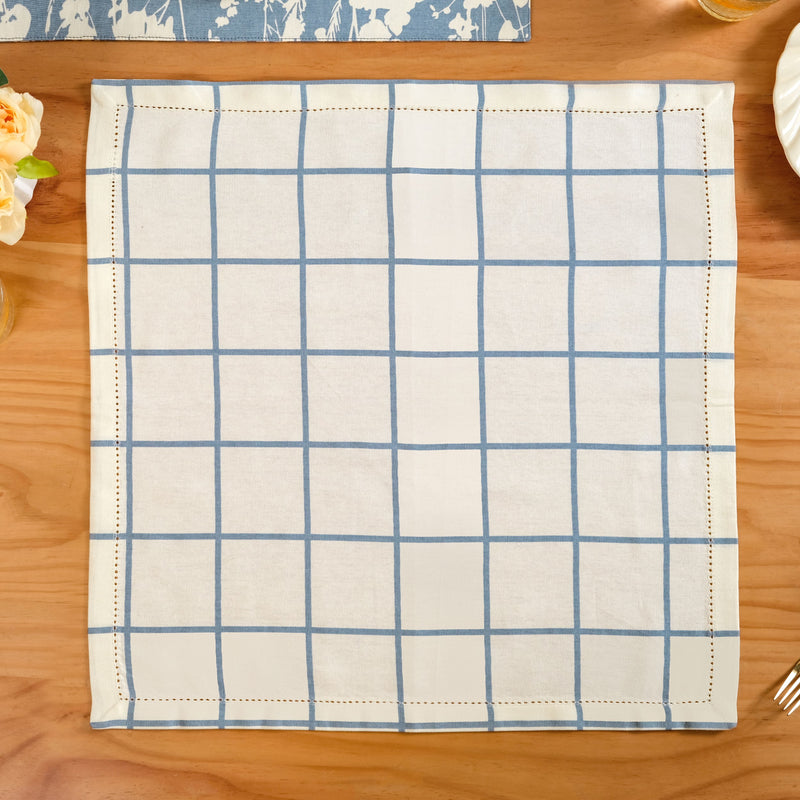 Slate Blue Grid Pure Cotton Table Napkin Set Of 6