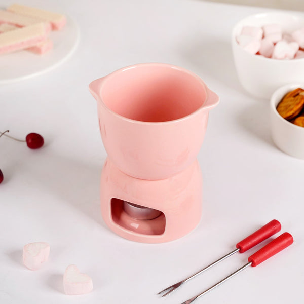 Pink Ceramic Fondue Set With 2 Dipping Skewers