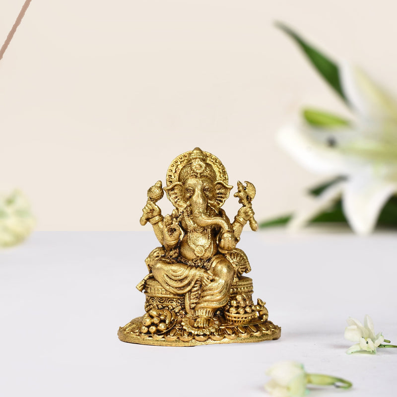 Ganpati Statue With Temple Jewellery Finish 5cm - Ganpati Statue, 5cm Ganpati Idol, Decorative Ganesh Statue, Brass Ganpati with Jewelry