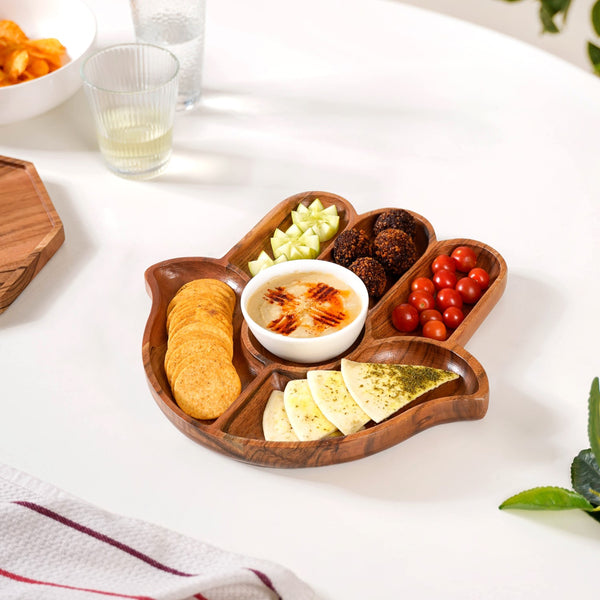 Hamsa Hand Wooden Platter With Dip Bowl