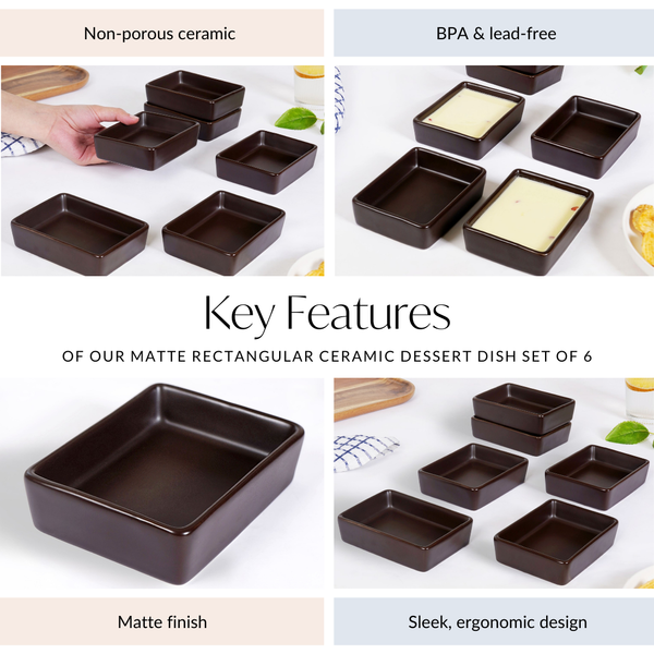 Matte Brown Rectangular Ceramic Dessert Dish Set Of 6